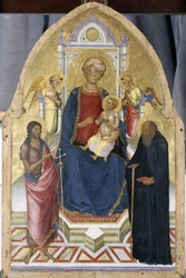 A trónoló Madonna és gyermek Keresztelő Jánossal és Antalszal, 1380-90 körül (tempera fenyőfán)